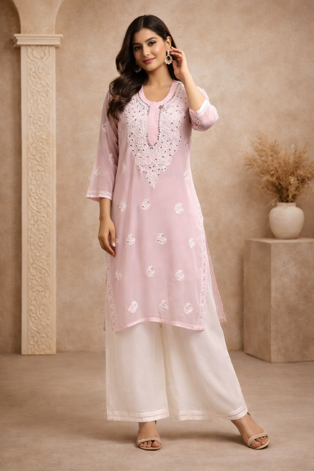 XXL Size| Premium Georgette Stitched Chikankari Kurti |Pink