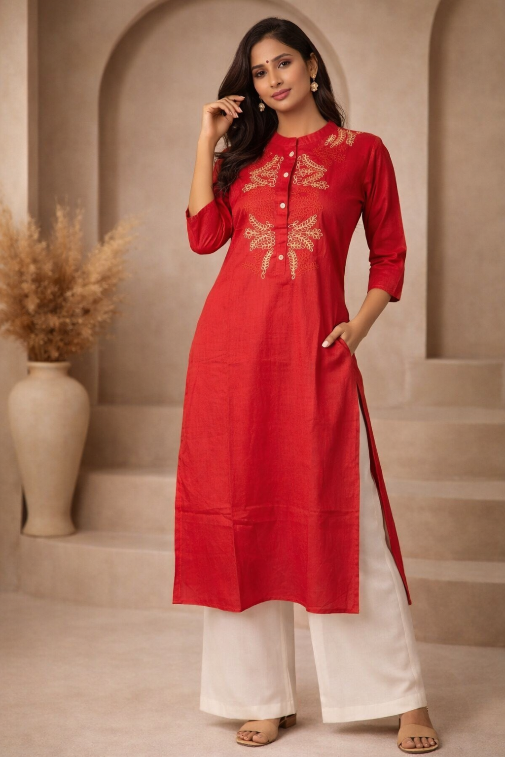 4XL Size| Rayon Designer Stitched Kurti with collar | Red