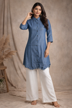 L Size| Cotton Plain Kurti with collar |Jeans Blue