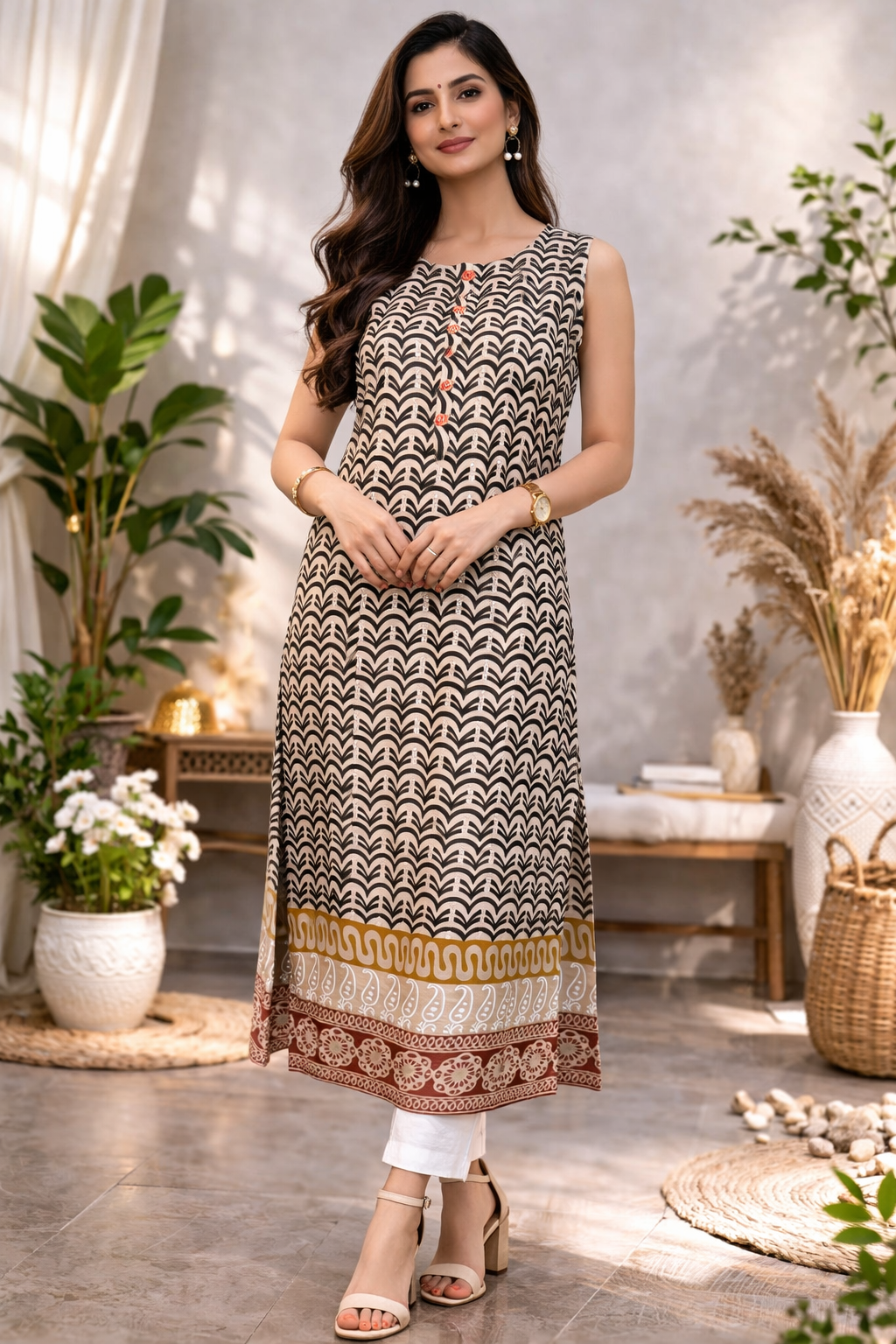 L Size| Premium Pure Cotton Sleeveless Printed Kurti| Black