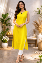 L Size| Budget Rayon Sleeveless Printed Kurti| Yellow