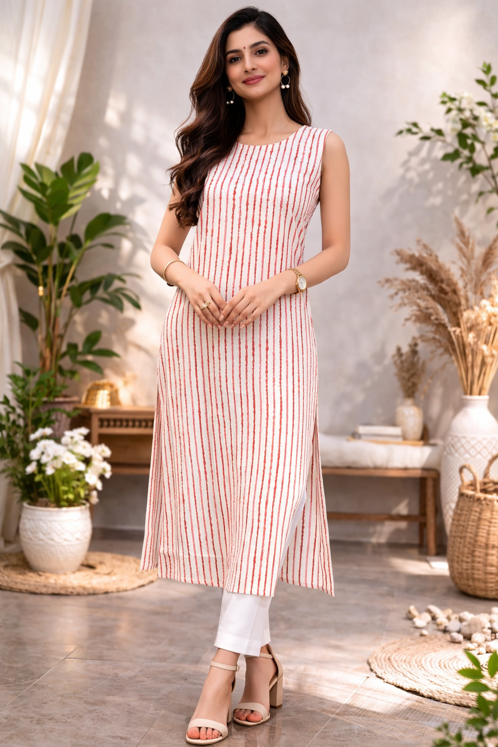 L Size| Premium Pure Cotton Sleeveless Printed Kurti| Pink