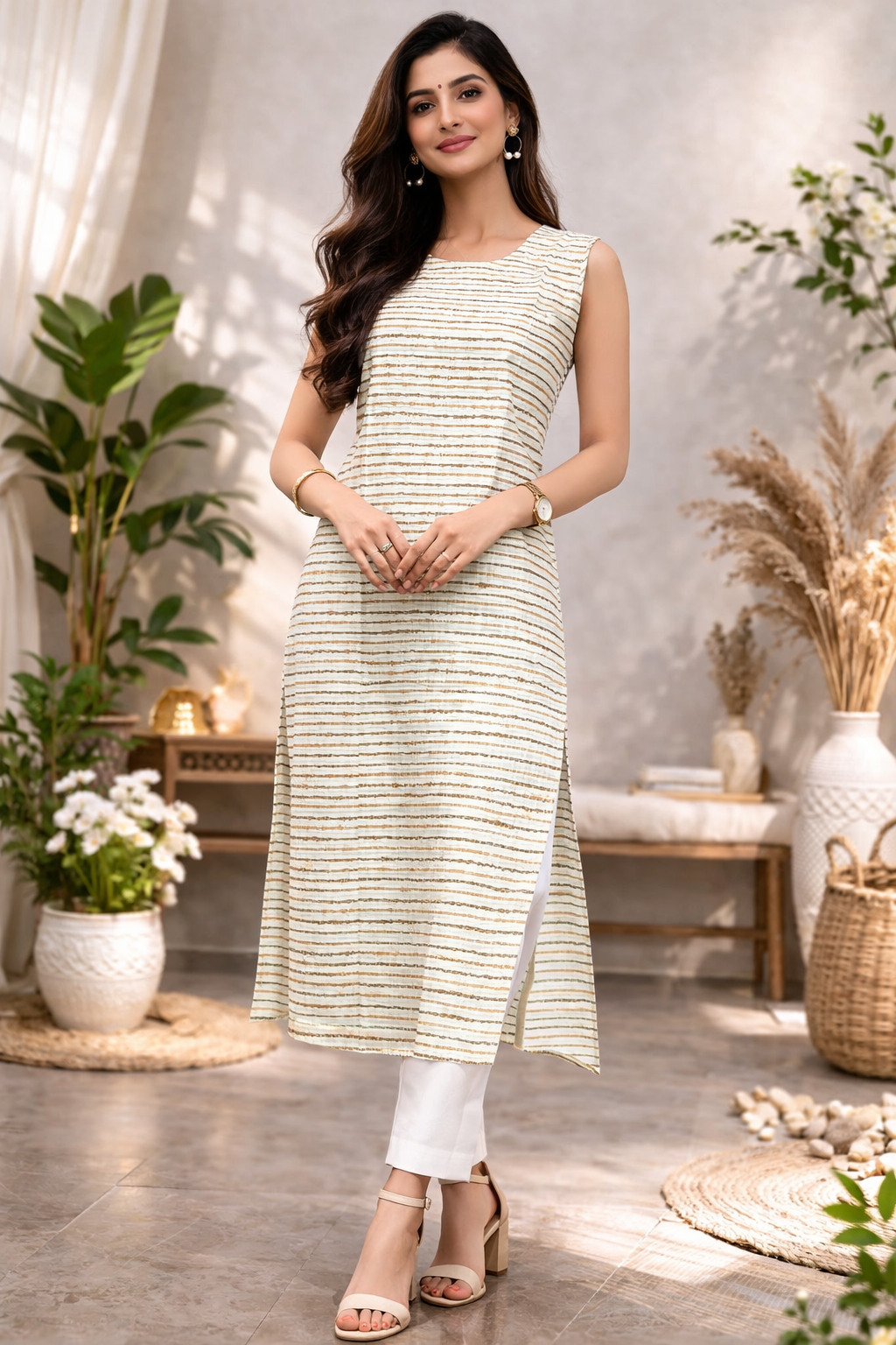 XL Size| Premium Pure Cotton Sleeveless Printed Kurti| Brown