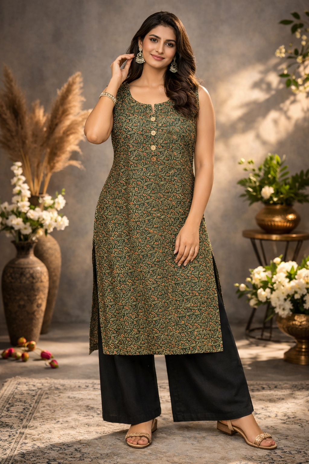 XXL Size| Premium Pure Cotton Sleeveless Printed Kurti| Green
