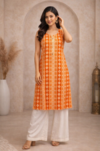L Size| Premium Pure Cotton Sleeveless Printed Kurti| Orange