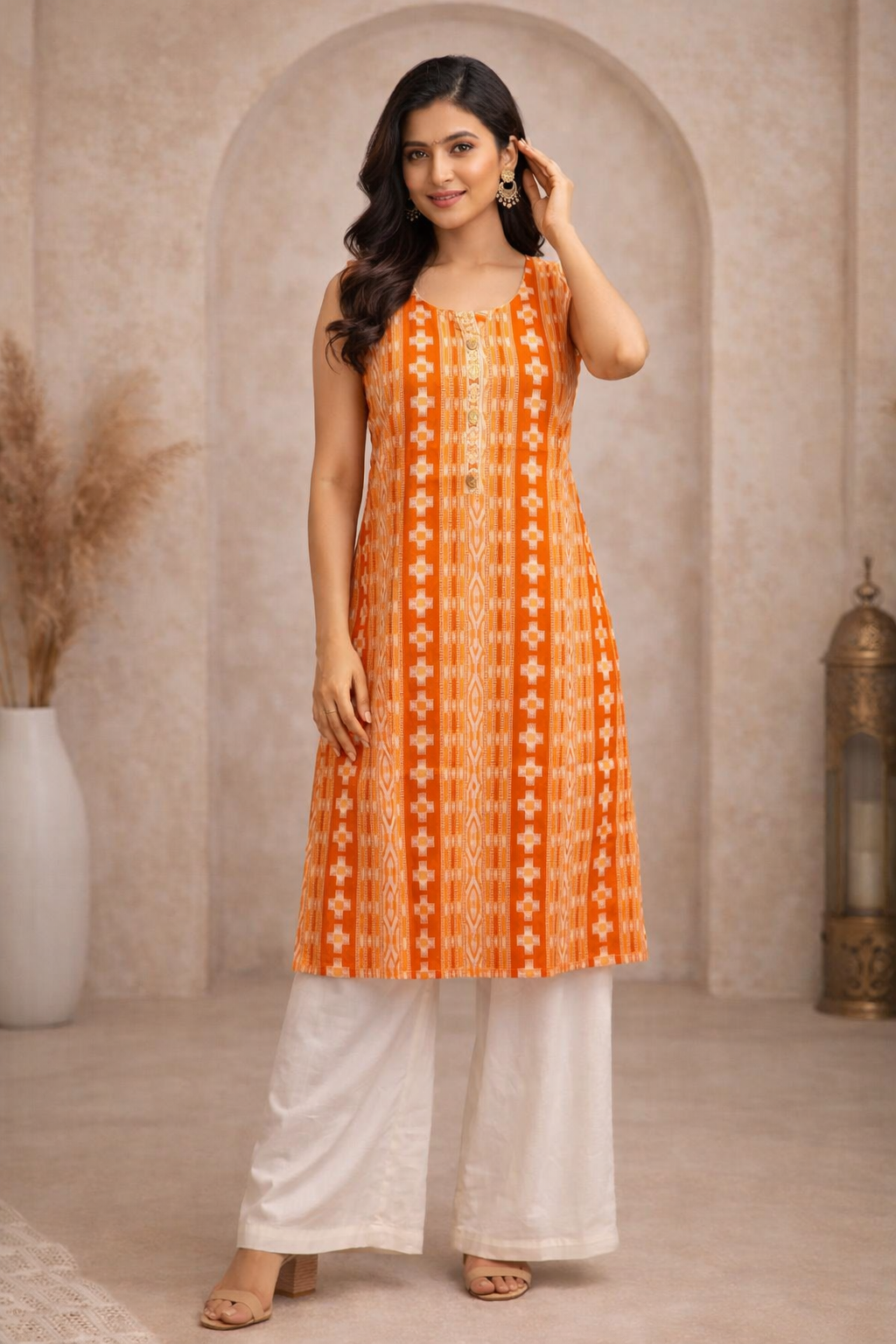 L Size| Premium Pure Cotton Sleeveless Printed Kurti| Orange