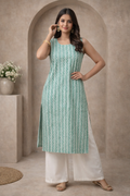 L Size| Premium Pure Cotton Sleeveless Printed Kurti| Green