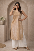 L Size| Premium Pure Cotton Sleeveless Printed Kurti| Brown