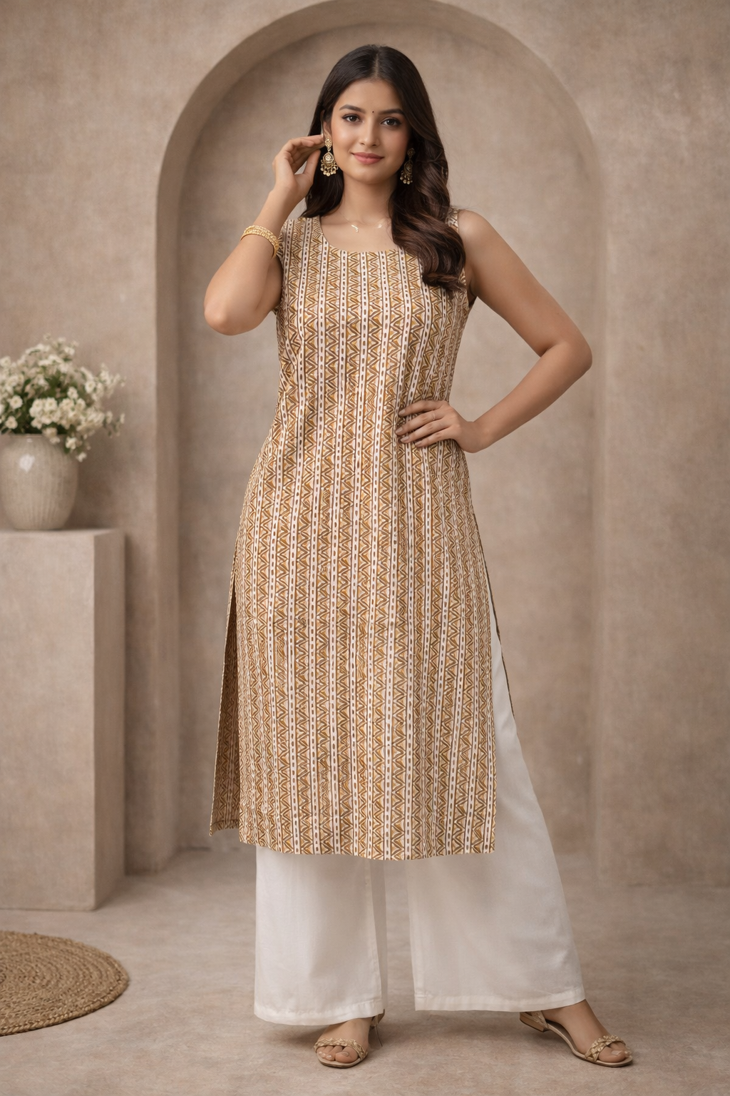 L Size| Premium Pure Cotton Sleeveless Printed Kurti| Brown