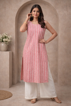 L Size| Premium Pure Cotton Sleeveless Printed Kurti| Pink