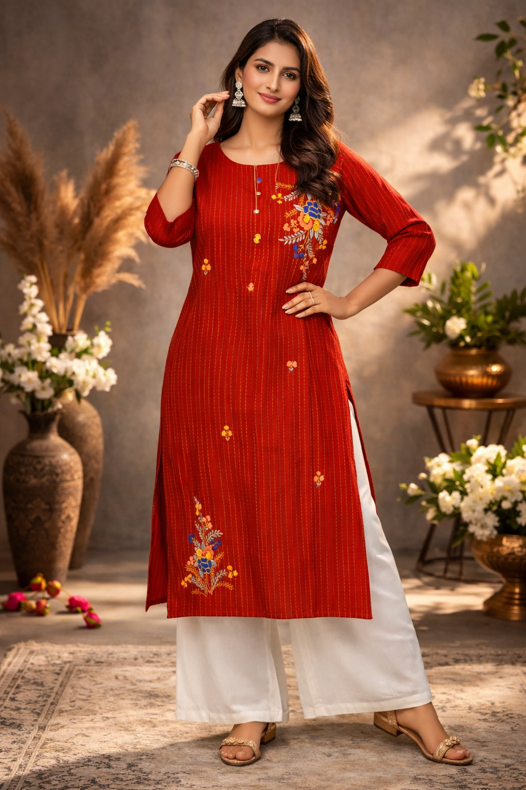 XL Size| Rayon Plain Stitched Kurti with collar | Red