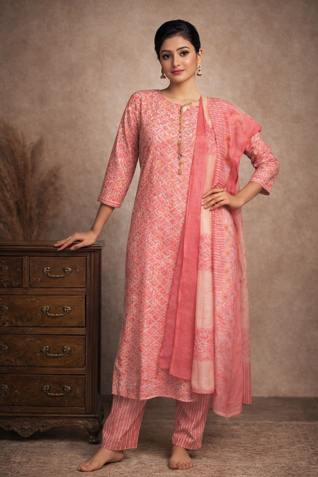 L SIZE| Premium Cotton 3 Pieces Print Kurti/Salwar Suit| Pink
