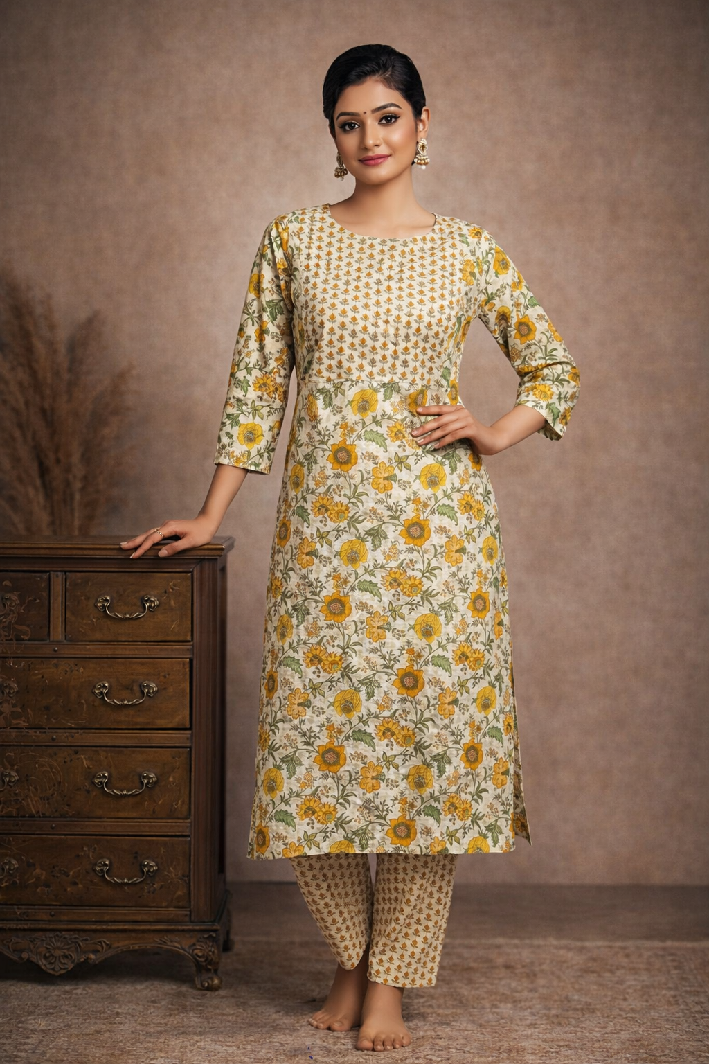 L SIZE| Premium Cotton 2 Pieces Print Kurti/Salwar Suit| White