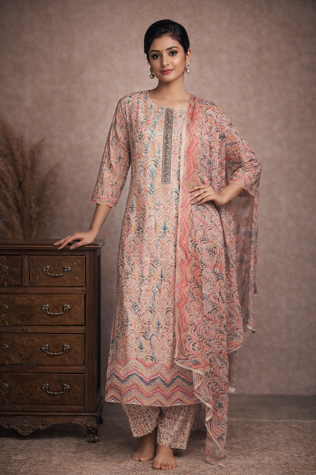 L SIZE| Premium Cotton 3 Pieces Print Kurti/Salwar Suit| White