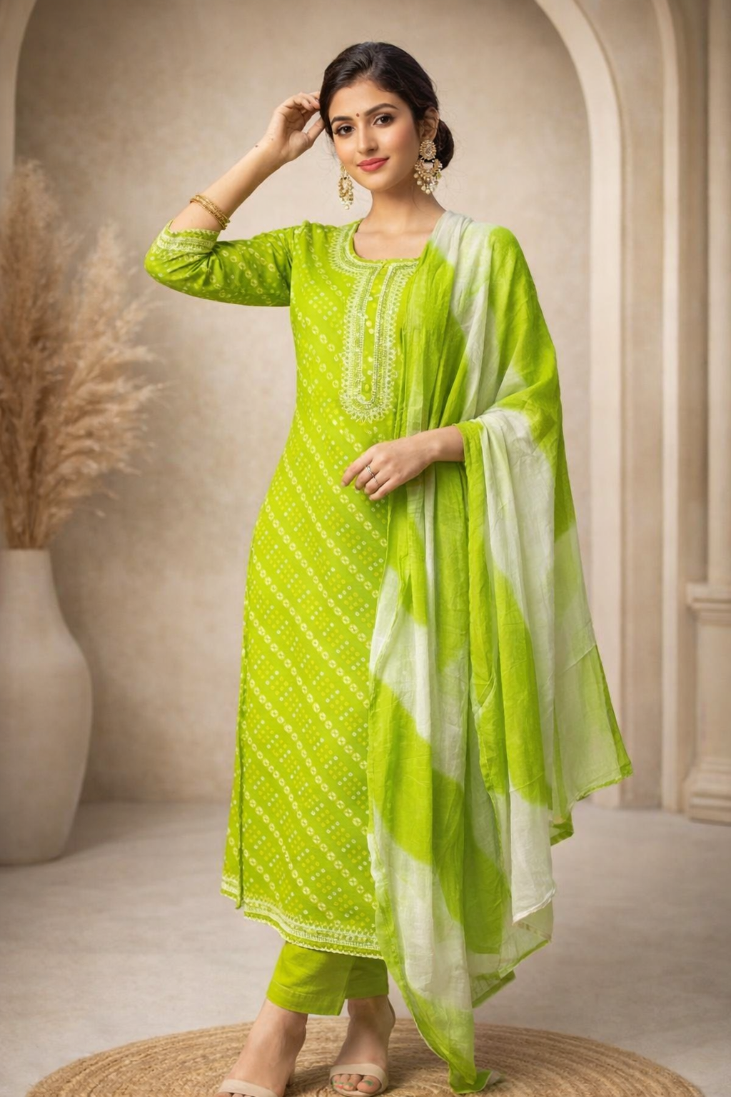 L SIZE| Premium Cotton 3 Pieces Print Kurti/Salwar Suit| Green