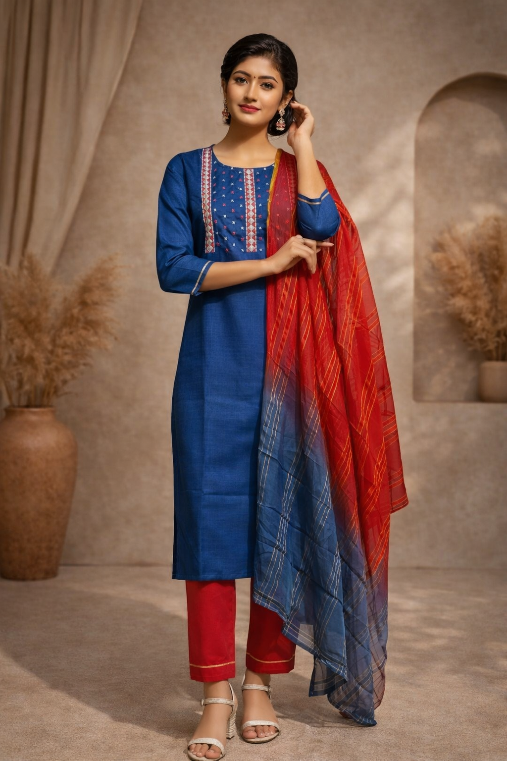 L SIZE| Vatican Silk 3 Pieces Stitched Kurti/Salwar Suit| Blue