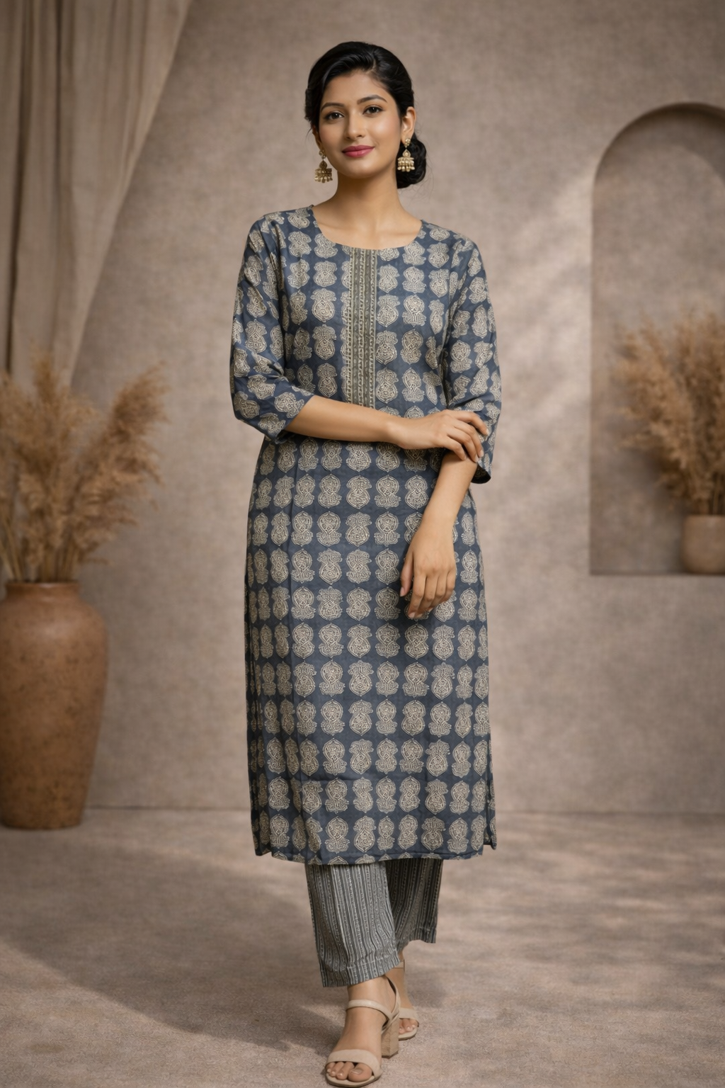 XL SIZE| Premium Cotton 2 Pieces Print Kurti/Salwar Suit| Grey