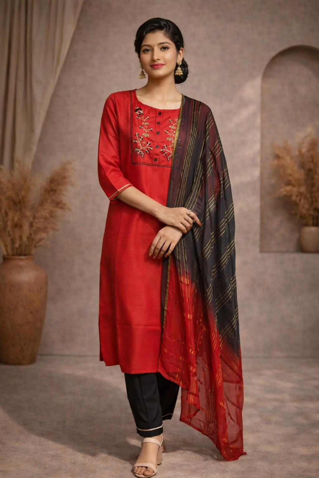 XL SIZE| Vatican Silk 3 Pieces Stitched Kurti/Salwar Suit| Red