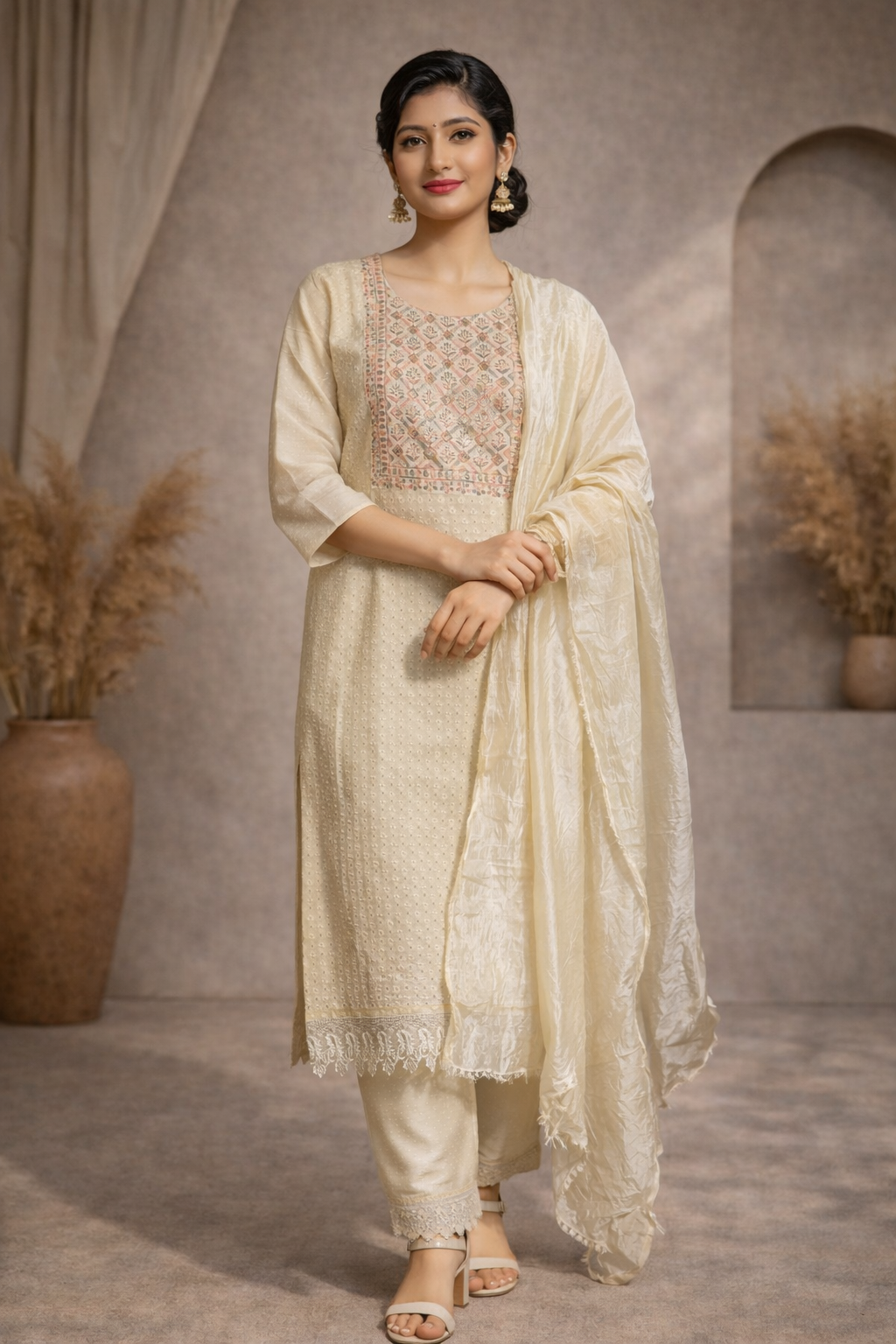 XXL SIZE| Premium Cotton 3 Pieces Stitched Hakoba Kurti/Salwar Suit| White