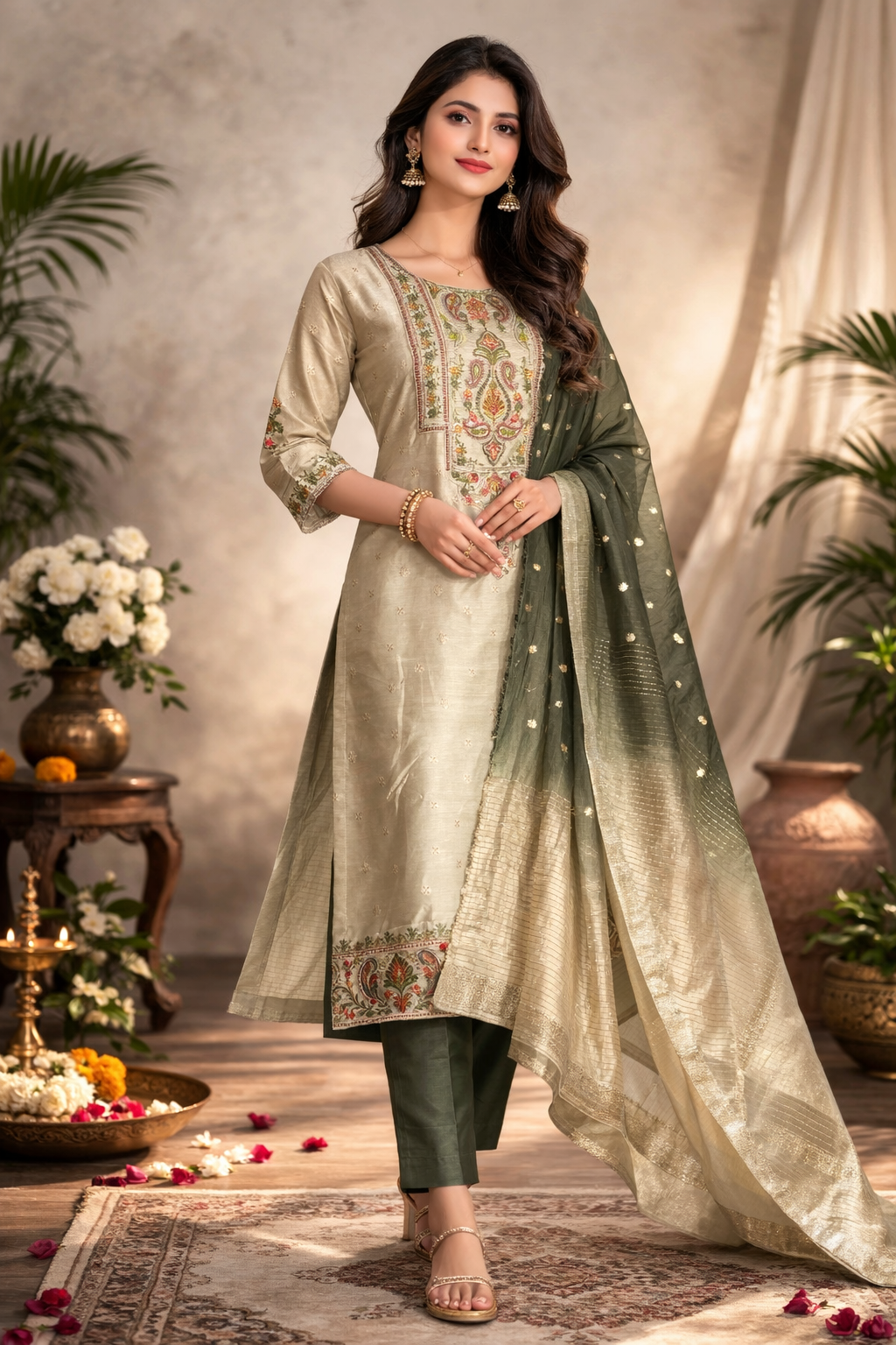 L SIZE| Silk 3 Pieces Stitched Kurti/Salwar Suit| Beige