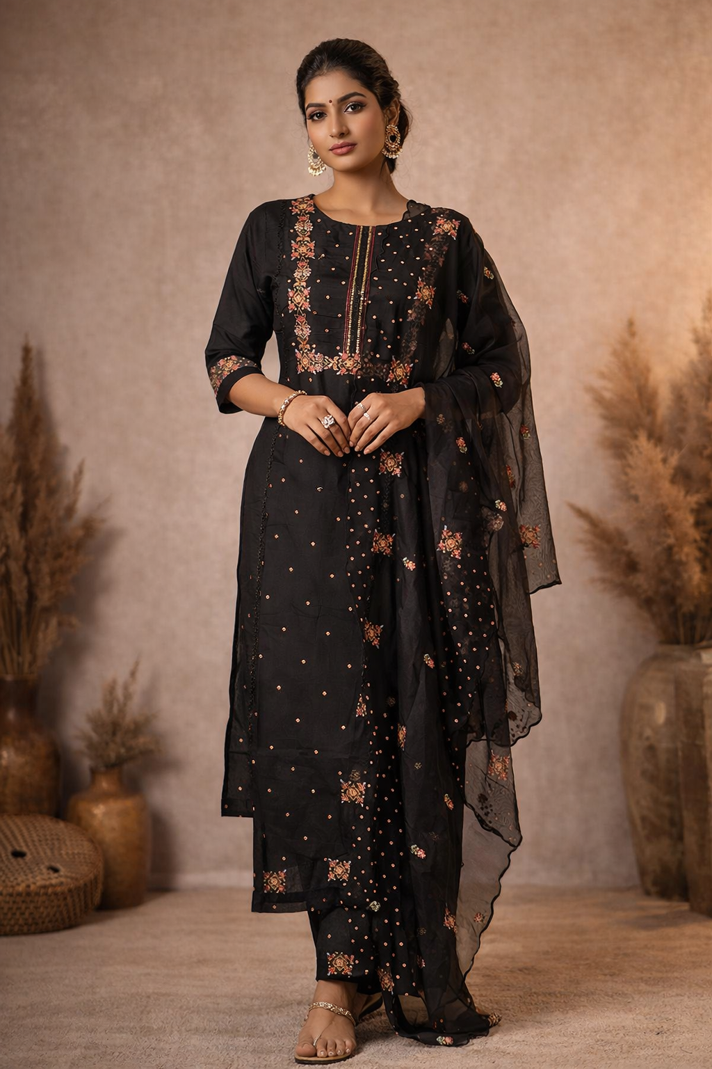 M SIZE| Premium Silk 3 Pieces Stitched Kurti/Salwar Suit|Black