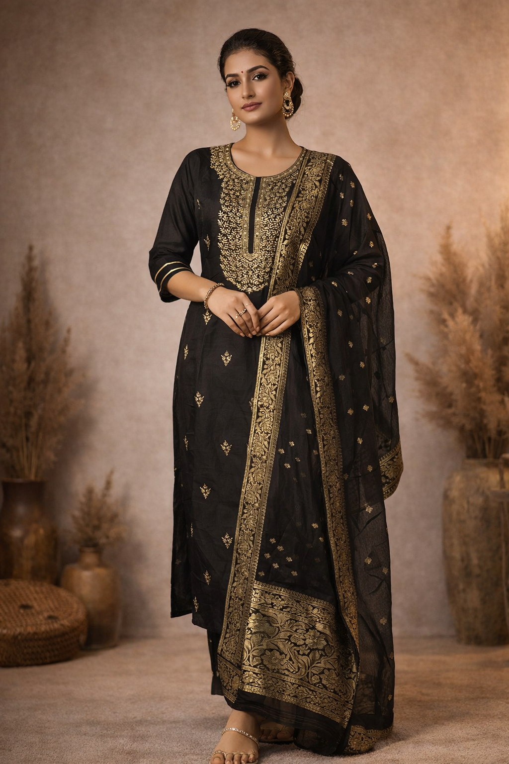 M SIZE| Premium Silk 3 Pieces Stitched Kurti/Salwar Suit|Black