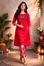 L SIZE| Premium Cotton 2 Pieces Print Kurti/Salwar Suit| Red