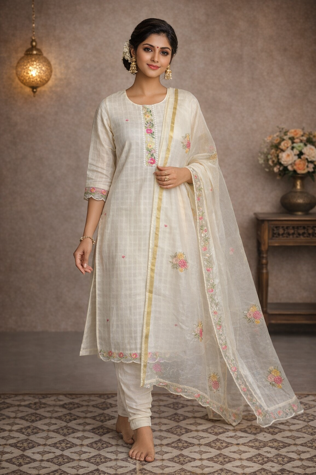 5XL SIZE| Premium Cotton 3 Pieces Stitched Kurti/Salwar Suit| White