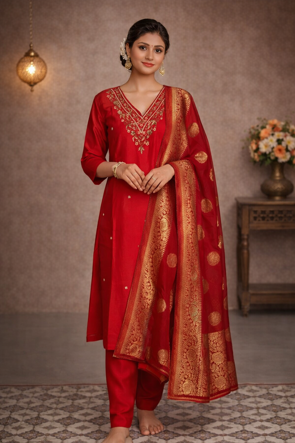 XXL SIZE| Premium Silk 3 Pieces Stitched Kurti/Salwar Suit| Red