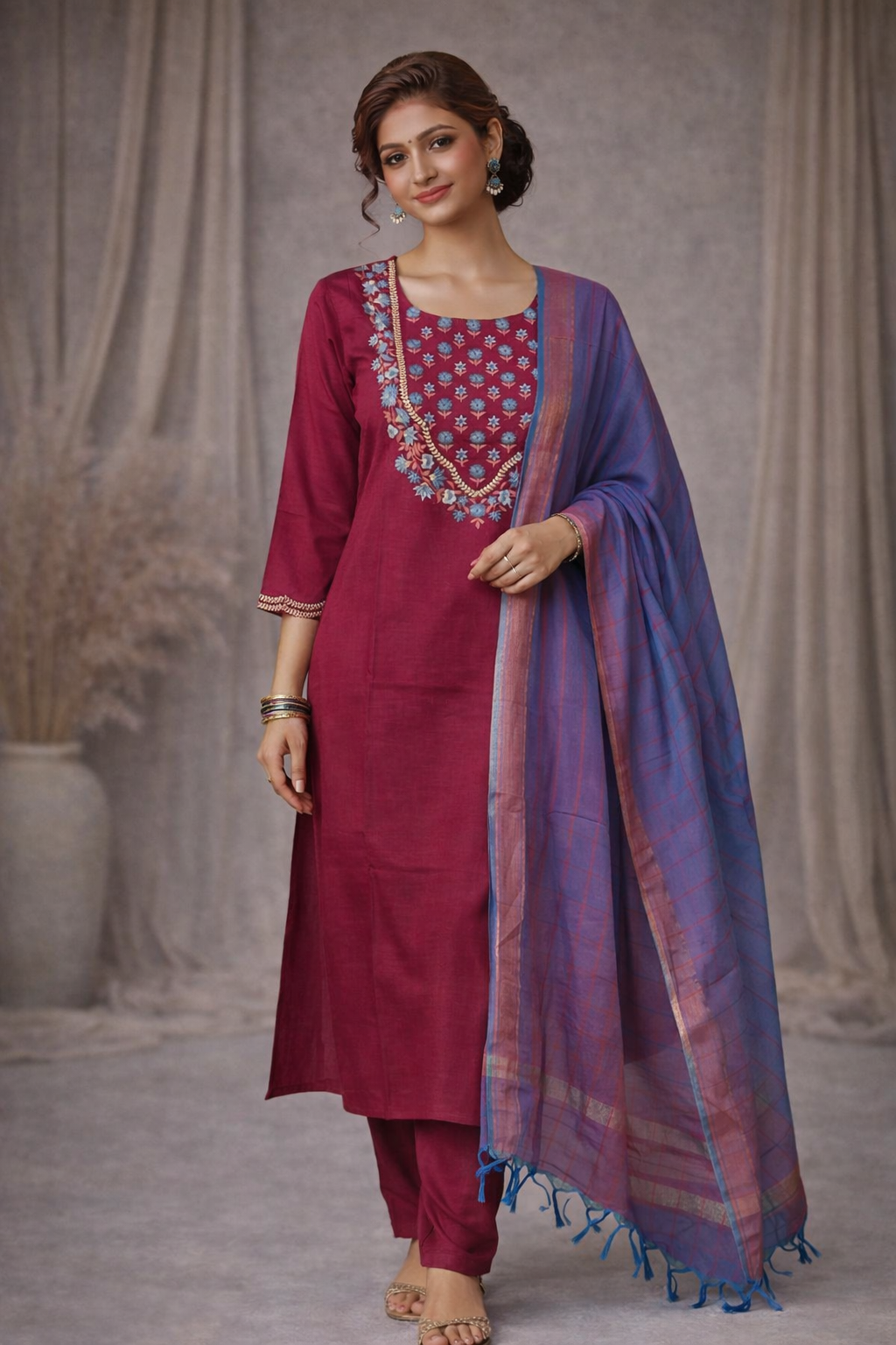 L SIZE| Premium Cotton 3 Pieces Print Kurti/Salwar Suit| Maroon