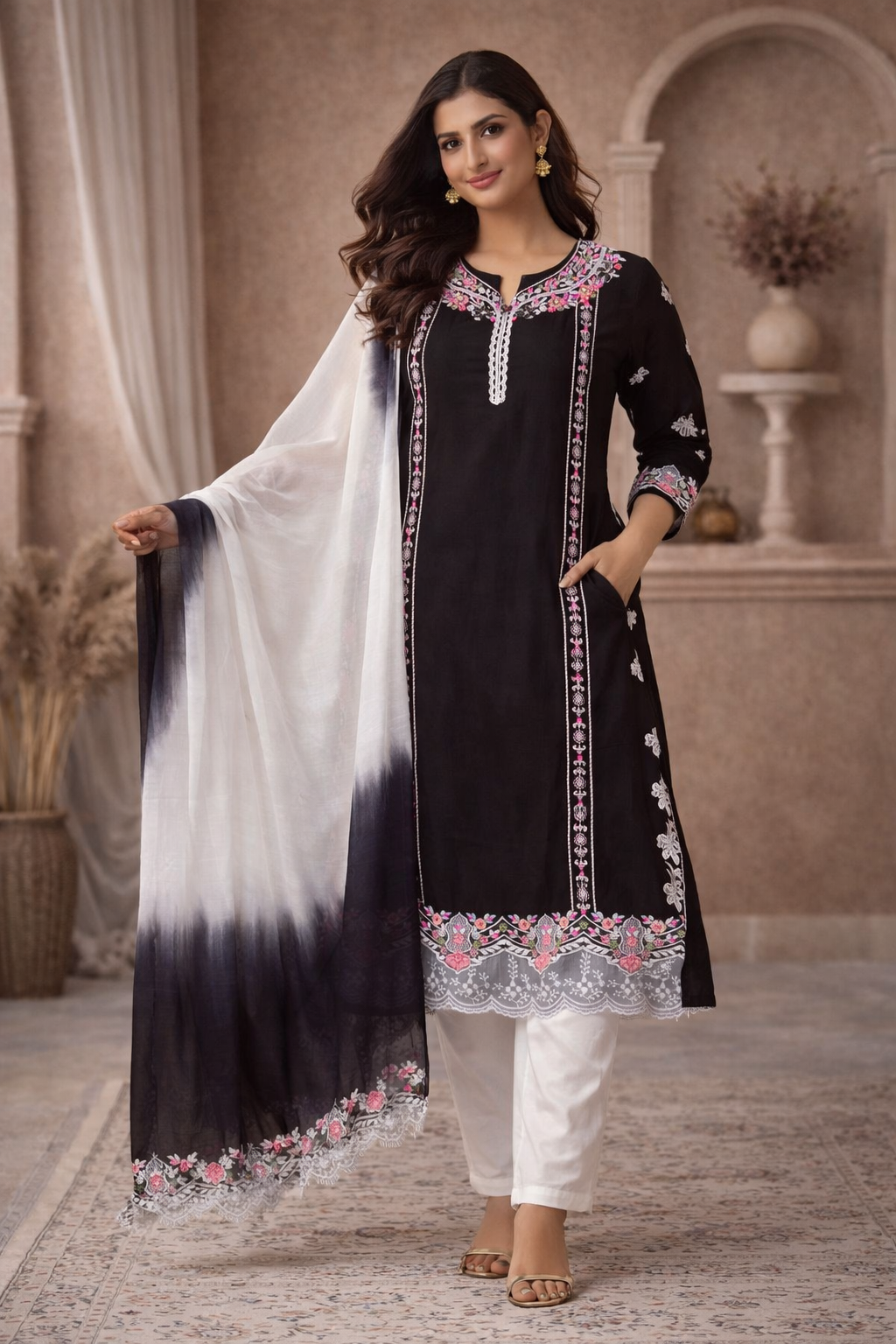 XXL SIZE| Premium Georgette 3 Pieces Stitched Kurti/Salwar Suit| Black