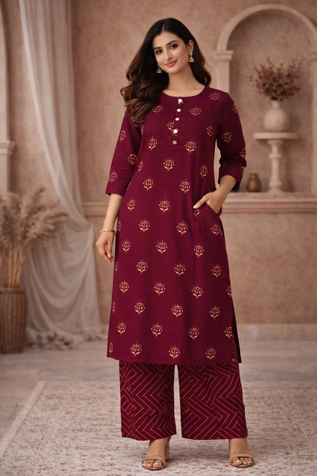 XL SIZE| Premium Cotton 2 Pieces Print Kurti/Salwar Suit| Maroon Red