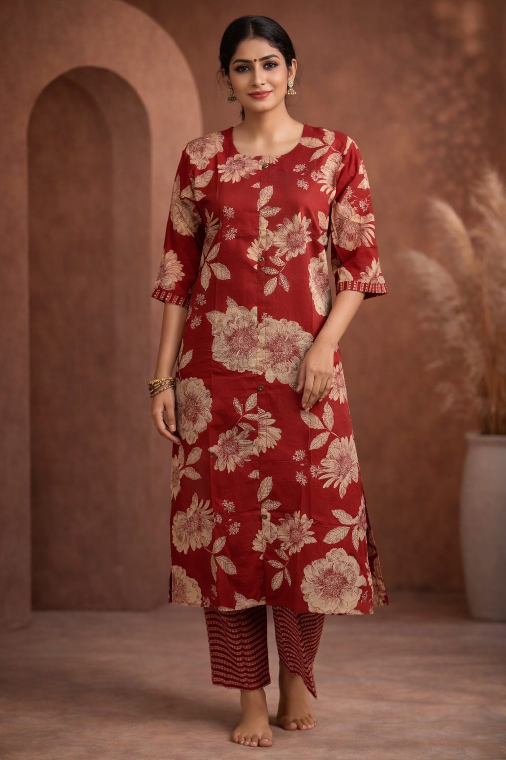 3XL SIZE| Premium Cotton 2 Pieces Print Kurti/Salwar Suit| Maroon Red