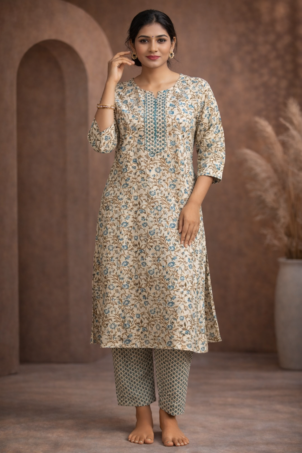 L SIZE| Premium Cotton 2 Pieces Printed Designer Kurti/Salwar Suit| White