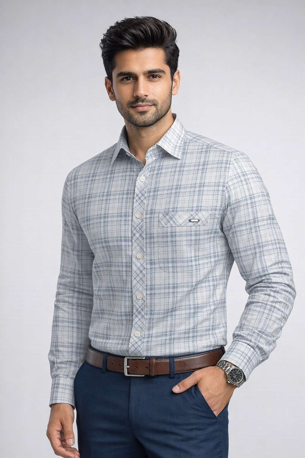 M Size| Men Check Shirt Full Sleve| White