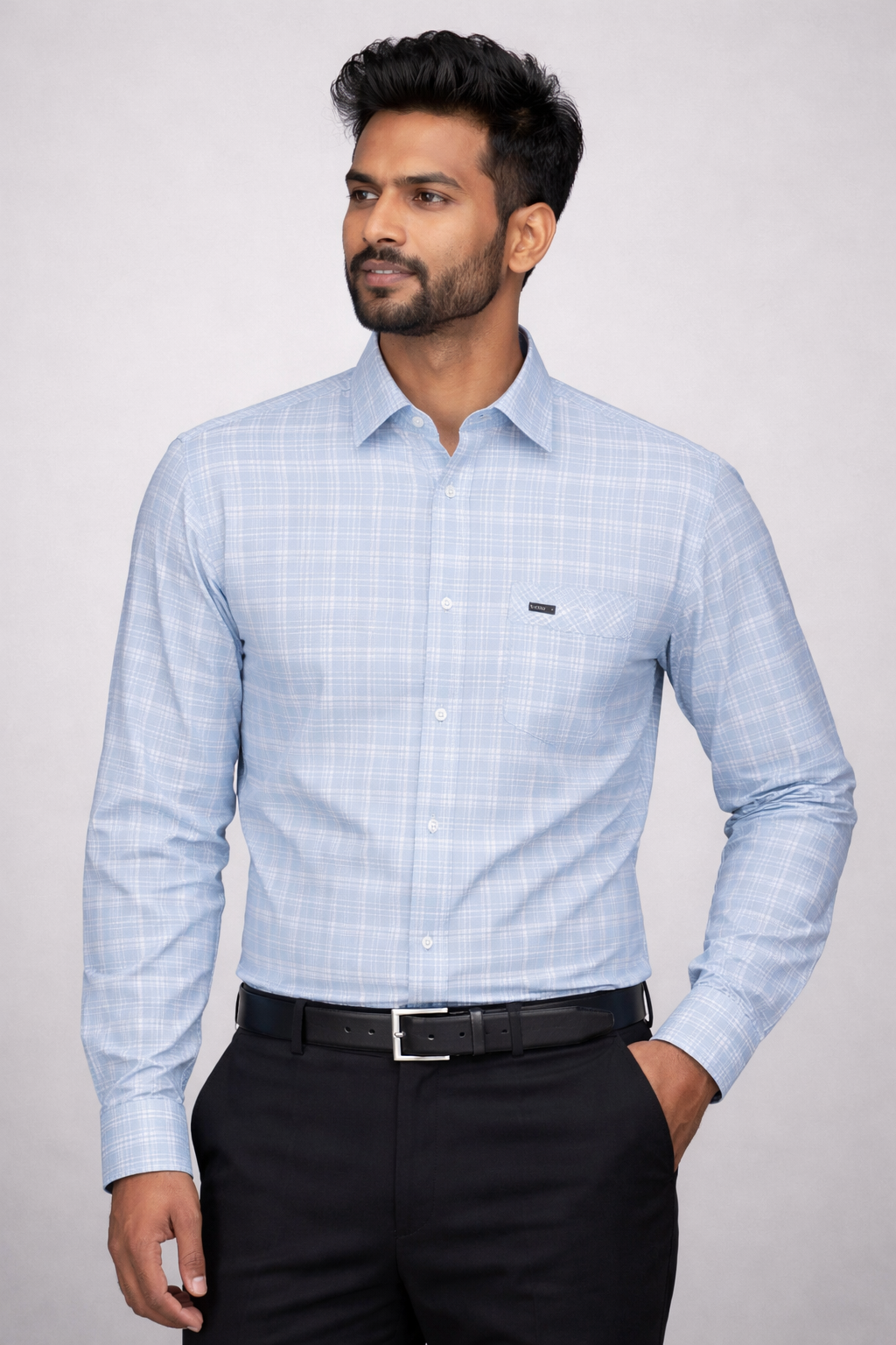 L Size| Men Check Shirt Full Sleve| Sky Blue