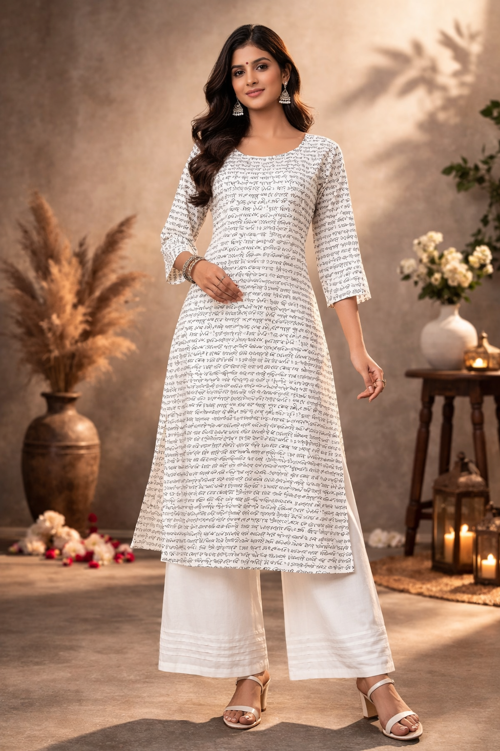 L Size| Basic Cotton Printed Kurti | White