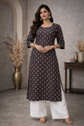 L Size| Basic Cotton Printed Kurti | Black