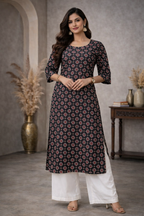 L Size| Basic Cotton Printed Kurti | Black