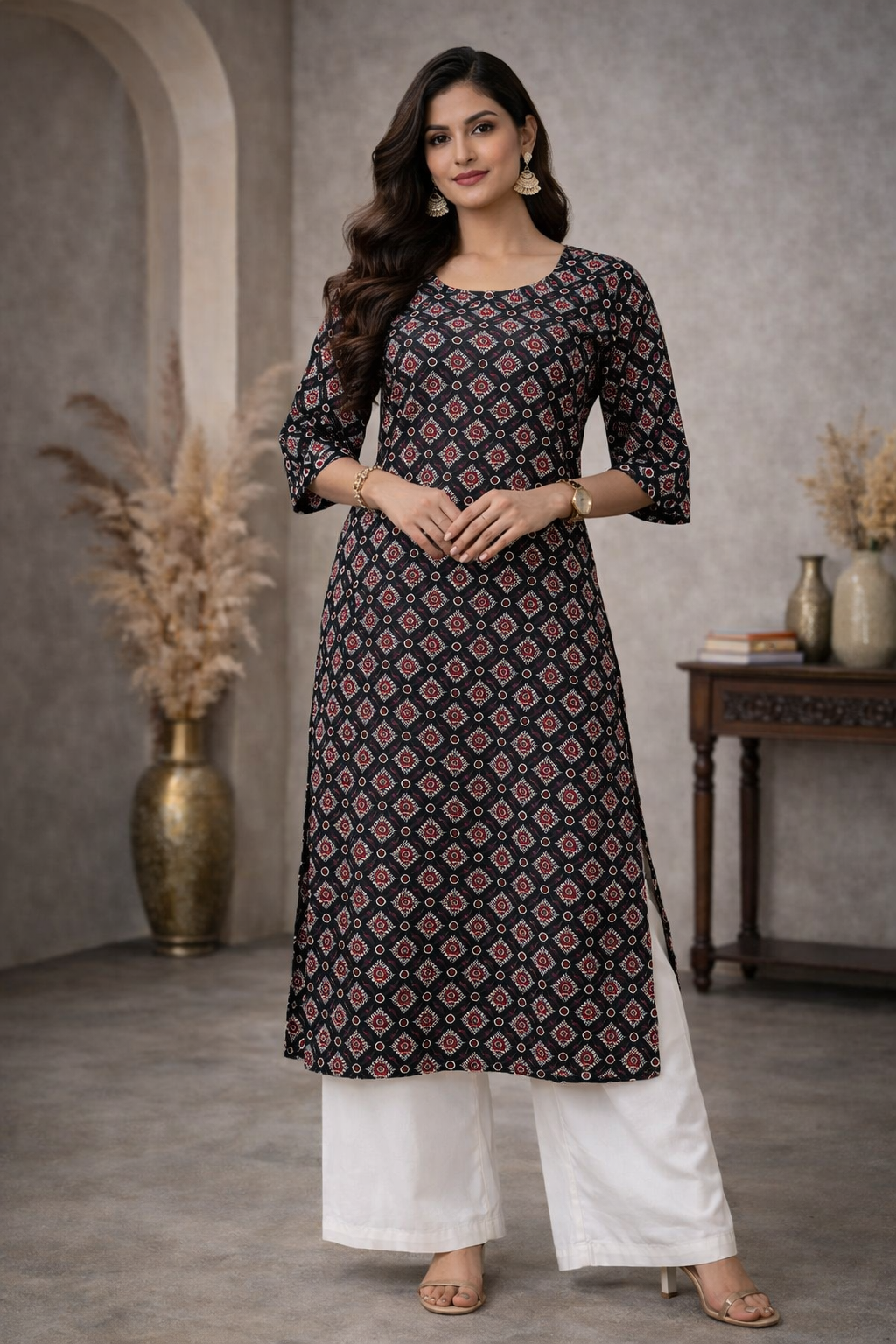 L Size| Basic Cotton Printed Kurti | Black