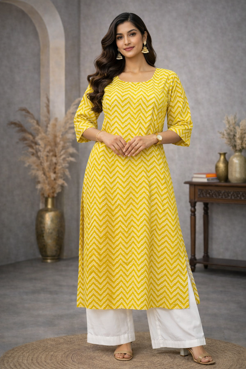 L Size| Basic Cotton Printed Kurti | Yellow