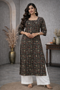 XL Size| Basic Cotton Printed Kurti | Black