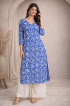 L Size| Basic Cotton Printed V Neck Kurti | Blue