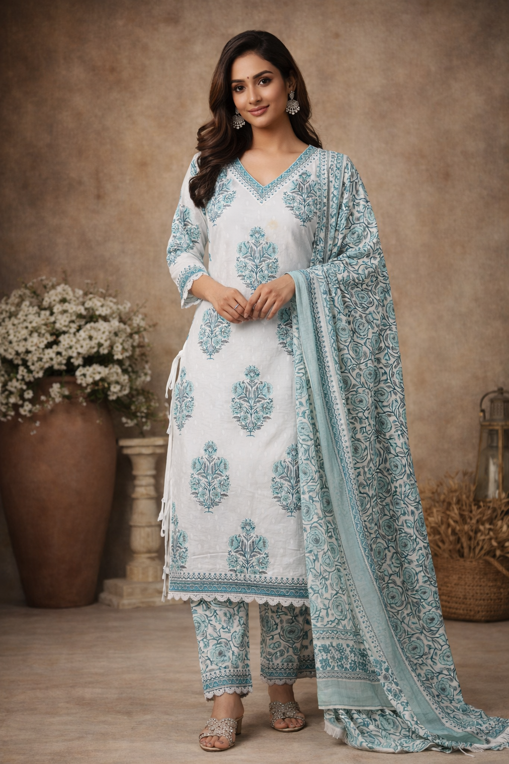 XXL SIZE| Premium Cotton 3 Pieces Stitched  Kurti/Salwar Suit| White