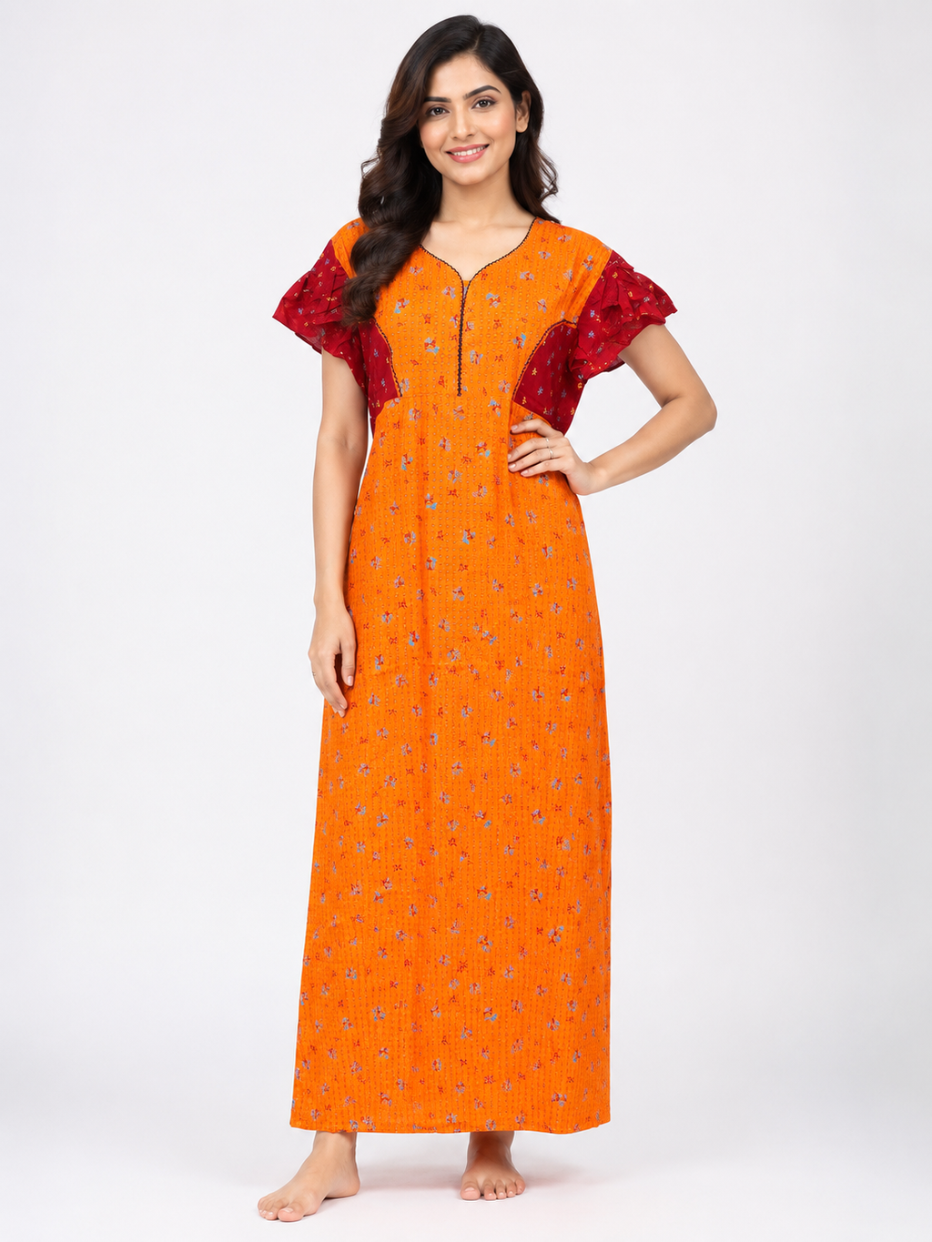 Pure Cotton Half Sleeve Allen Cut Nighty | Yellow