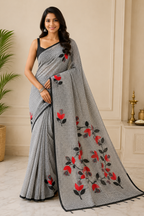 Pure Resham Kota Stitch work Applique  Cotton Saree| Black