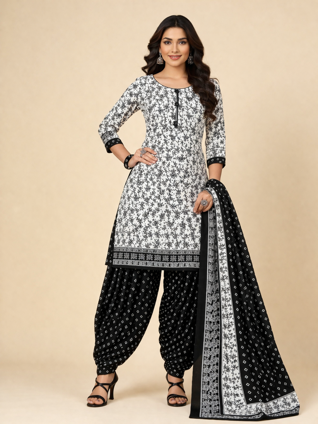 L SIZE| Budget Cotton 3 Pieces Printed  Kurti/Salwar Suit| White