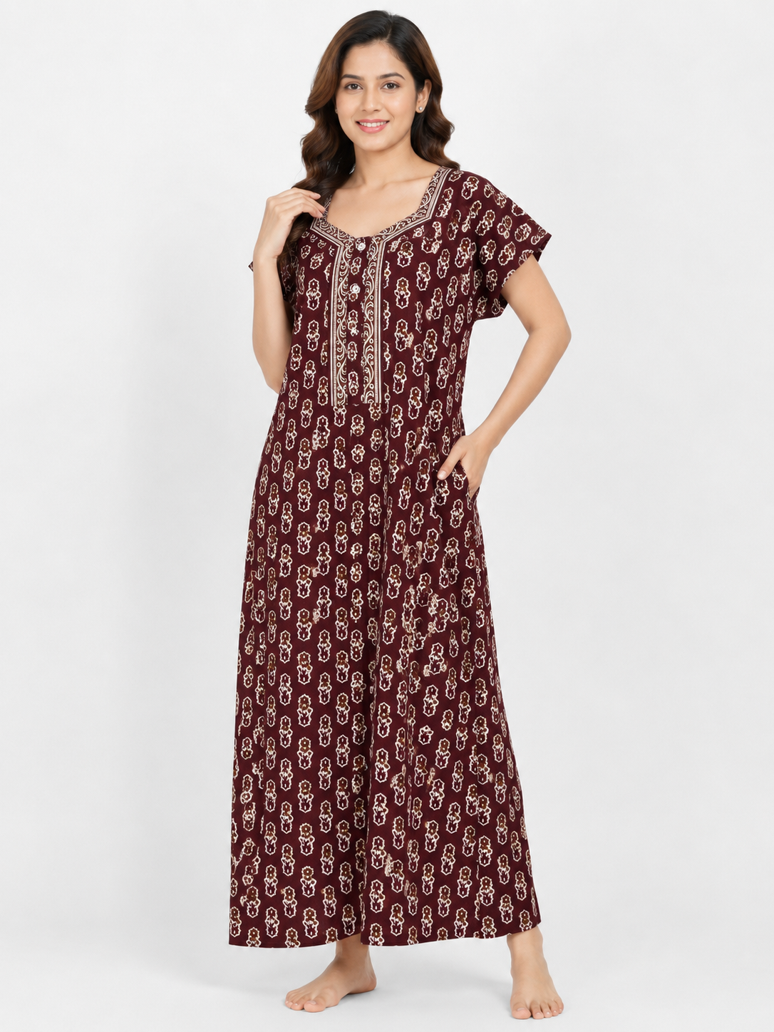 Pure Cotton Half Sleeve Allen Cut Nighty | Brown