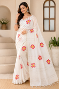 Pure Lilen Saree Fabric Work| White
