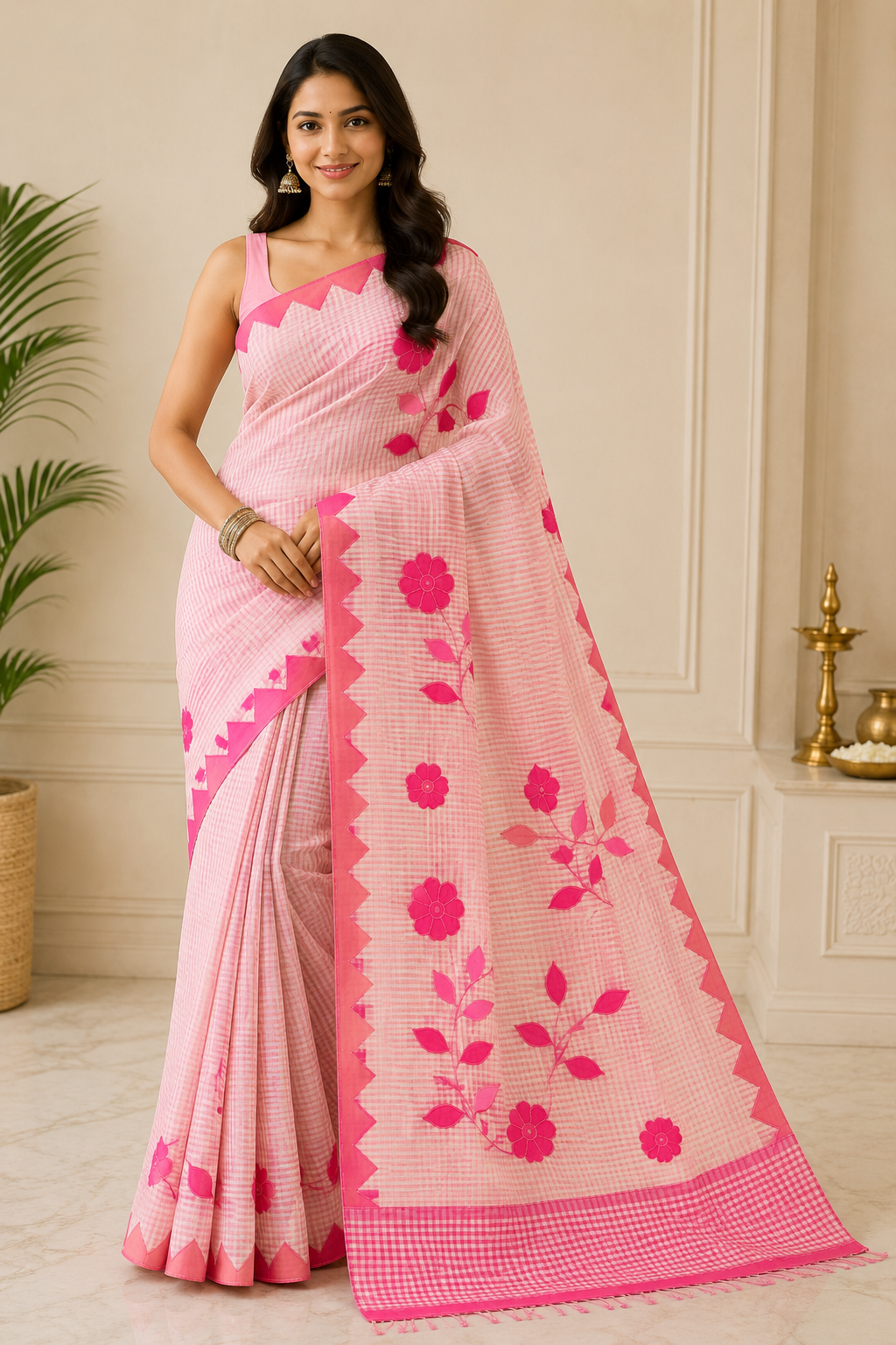 Pure Stitch work Applique Cotton Saree| Pink